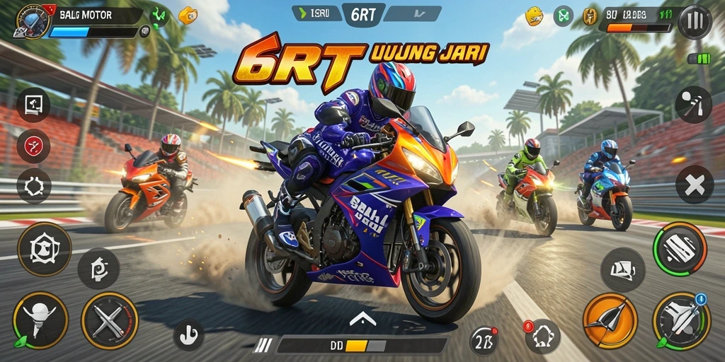 Tampilan gameplay yang intens dari 6RT dengan motor yang melaju kencang.
