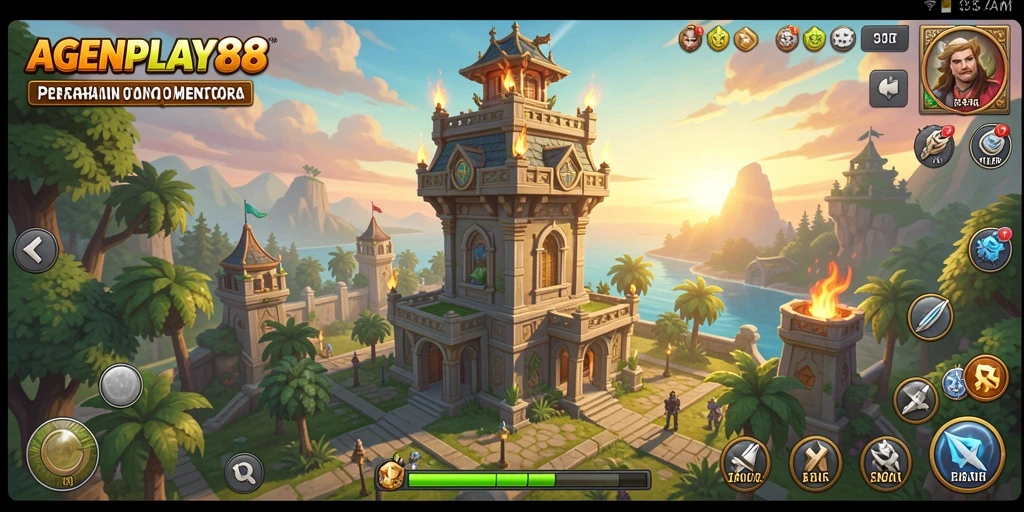 Gambaran gameplay AGENPLAY88 dengan menara pertahanan yang mengagumkan.