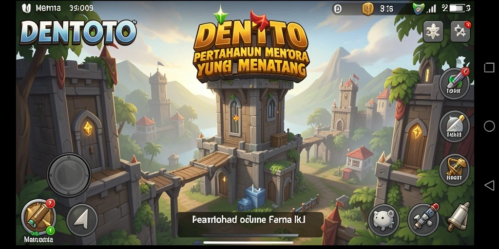 Screenshot gameplay DENTOTO menampilkan strategi pertahanan menara yang intens.