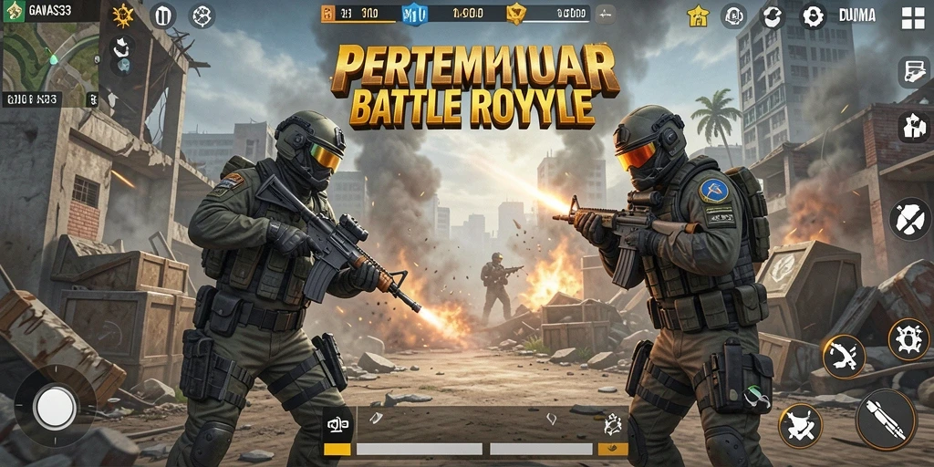 Screenshot GANAS33 menampilkan aksi seru dalam permainan Battle Royale.