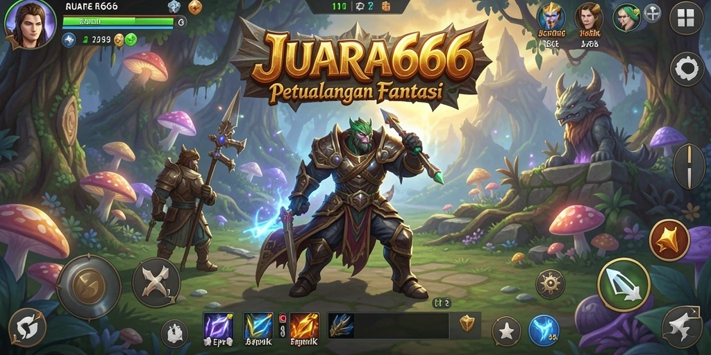 Gameplay JUARA666 menunjukkan pertempuran epik di dunia fantasi.