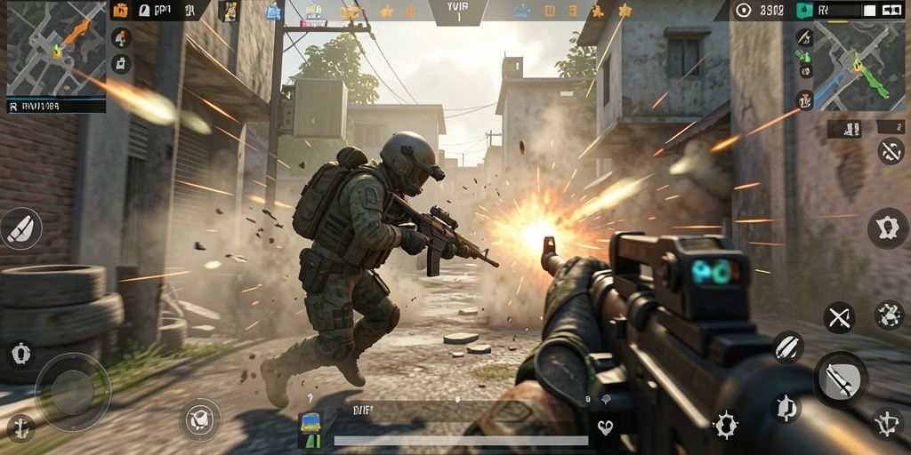 Screenshot dari gameplay RVIP1 menampilkan aksi tembak-menembak yang seru.